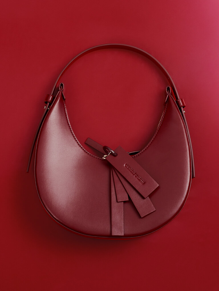 Women’s Cockade Crescent Hobo Bag in burgundy - CHARLES & KEITH