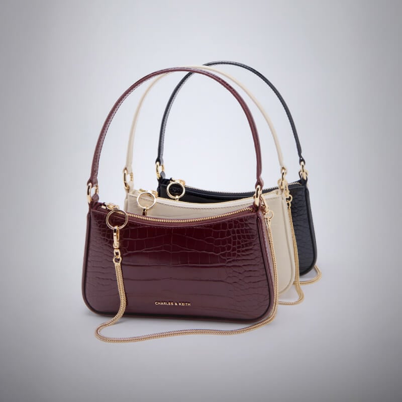 Women’s Elspeth croc-effect chain-link shoulder bag in black, maroon and cream - CHARLES & KEITH