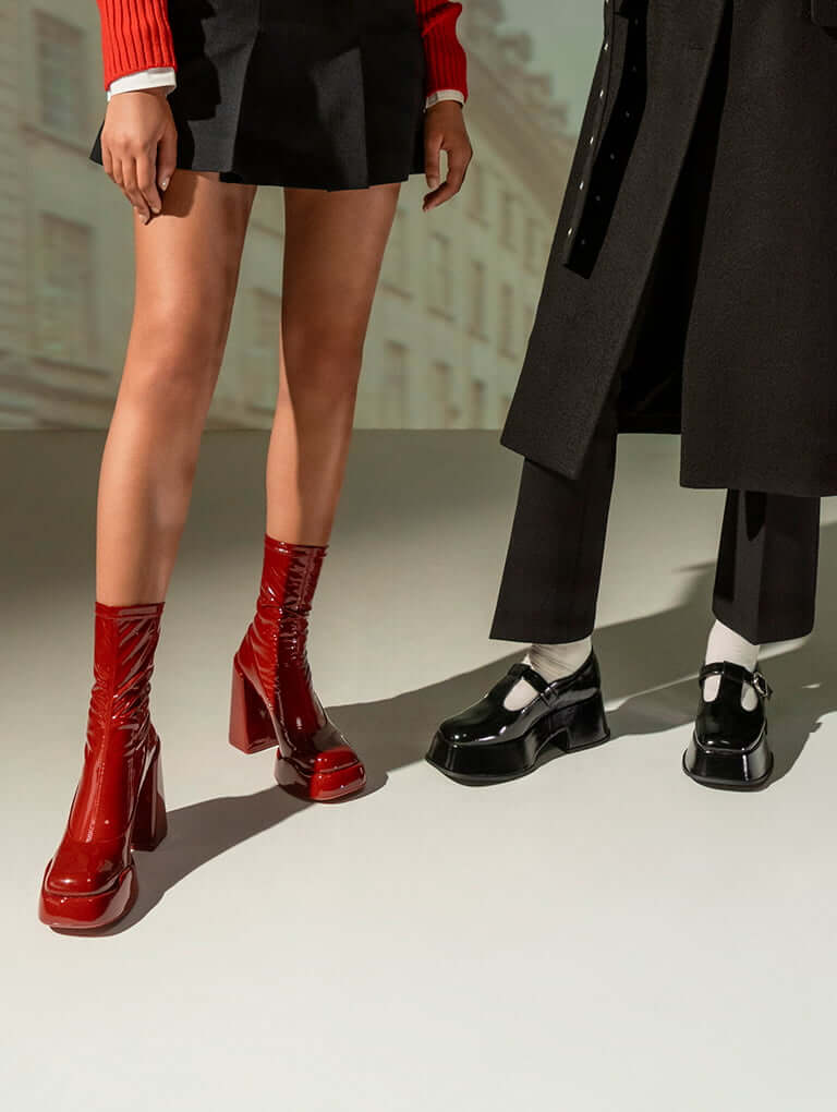Women’s Lula patent block heel boots in red and chunky platform Mary Janes in black - CHARLES & KEITH