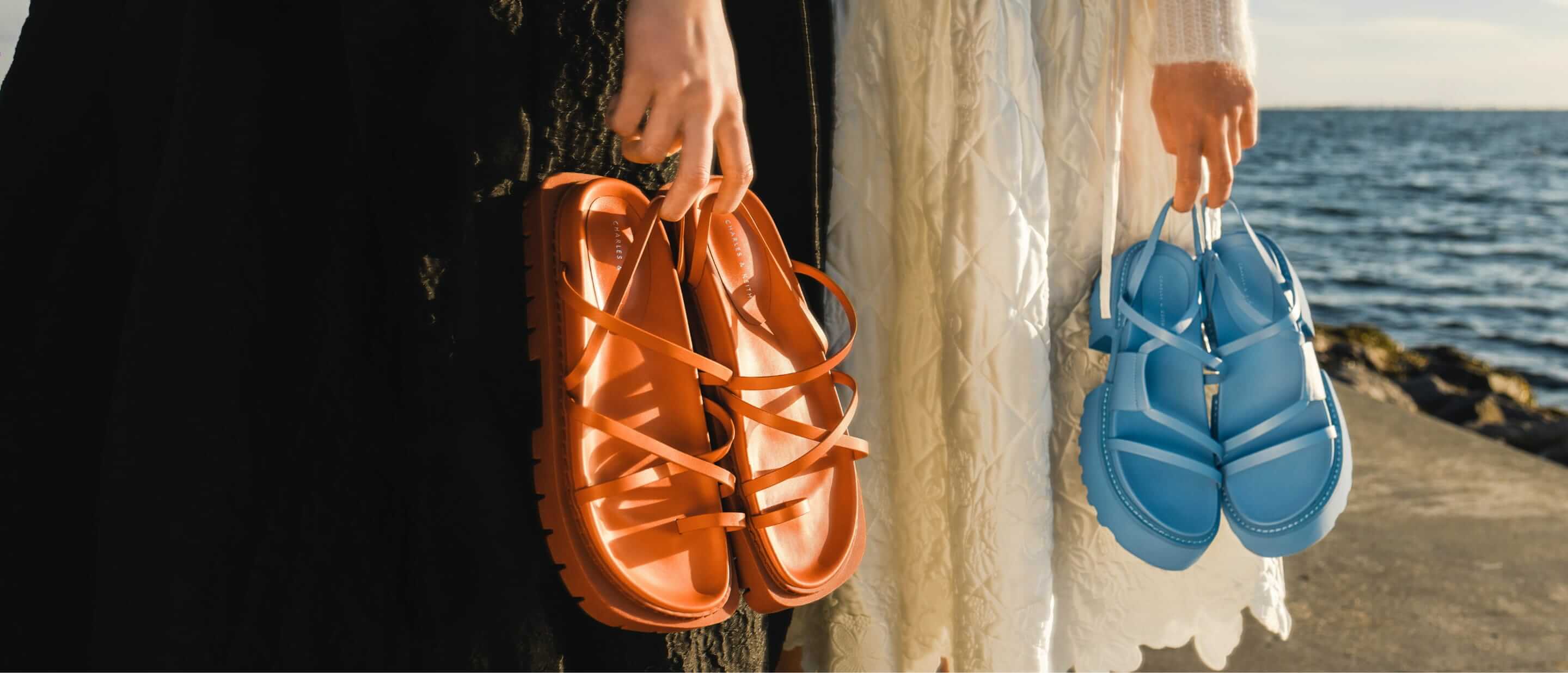 Women’s Strappy Cleated Sole Sandals in orange and Nadine Strappy Platform Sandals in blue - CHARLES & KEITH