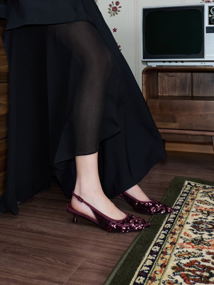 Burgundy Ruthie Sequinned Slingback Pumps - CHARLES & KEITH