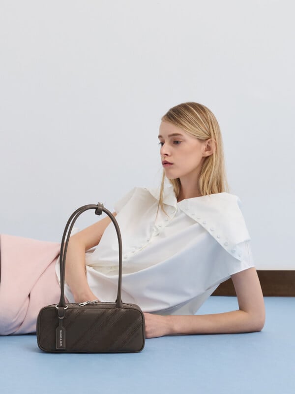 Women’s dark moss Zeya recycled suede striped shoulder bag - CHARLES & KEITH