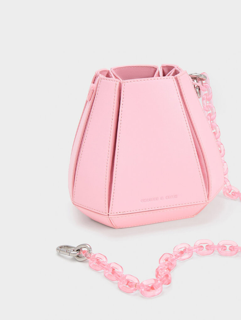 Women’s Geometric Structured Bucket Bag in light pink; Letitia Chain-Link Shoulder Bag in light blue; Judy Hopps Structured Tote Bag in chalk - CHARLES & KEITH