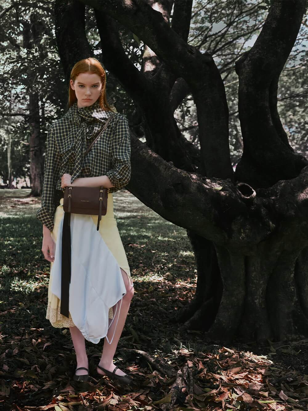 Mini Levy Nylon shoulder bag in espresso brown and Ellory Mesh Slingback Mary Jane flats in black textured - CHARLES & KEITH
