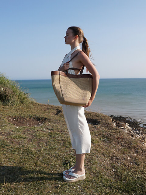 Women’s knotted sculptural tote bag and espadrille thong sandals, as seen on Arina - CHARLES & KEITH