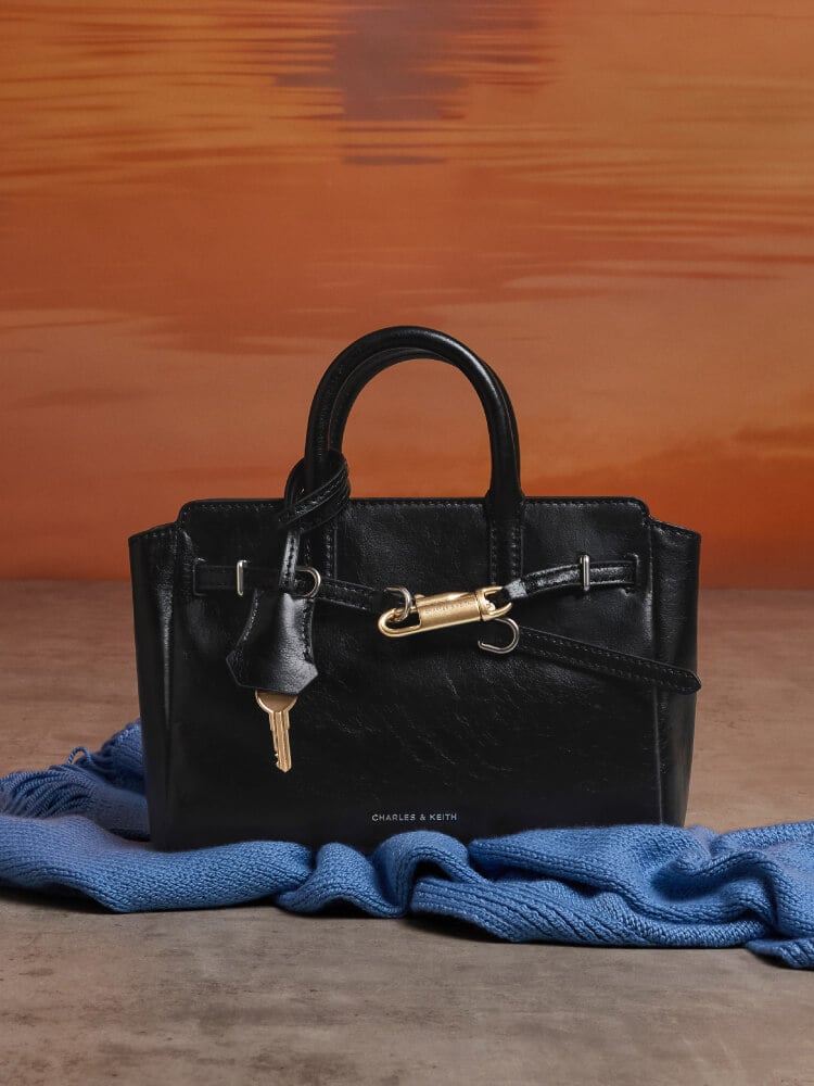 Women’s noir mini Delfina belted tote bag - CHARLES & KEITH