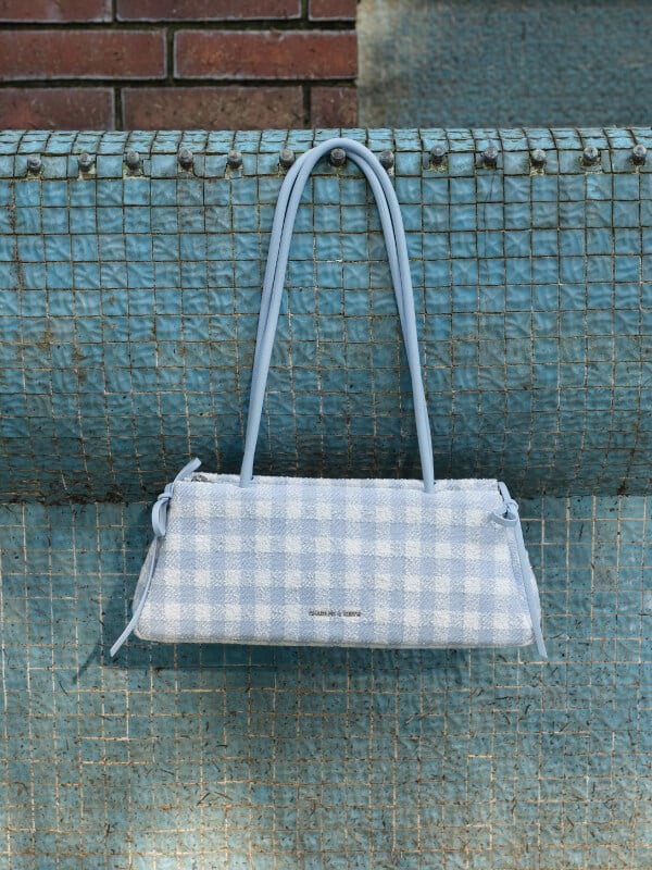 Gingham Blue Hazel Gingham Bow Elongated Shoulder Bag - CHARLES & KEITH