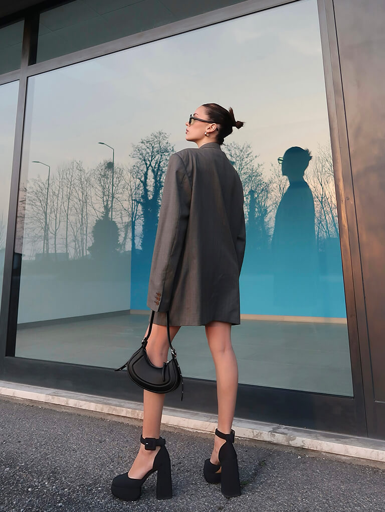 Women’s petra curved shoulder bag and woven buckled d’Orsay platform pumps, as seen on Lindsay Vrckovnik - CHARLES & KEITH