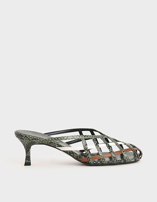 SNAKE PRINT SQUARE TOE CAGED MULES