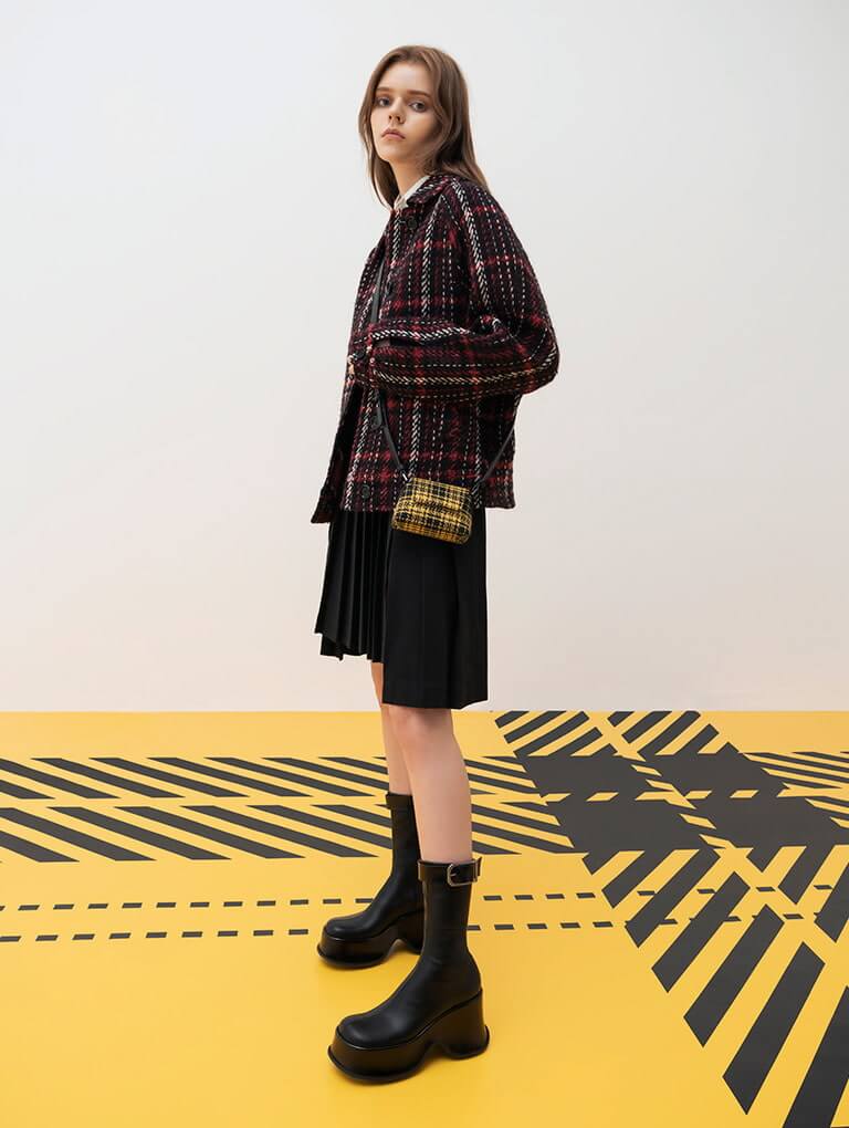 Carlisle Platform Boots in black and Woven Check-Print Mini Bag in multi - CHARLES & KEITH