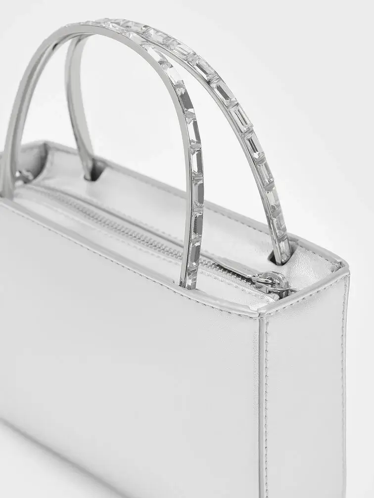 Women’s satin crystal-embellished top handle bag in dusk silver – CHARLES & KEITH