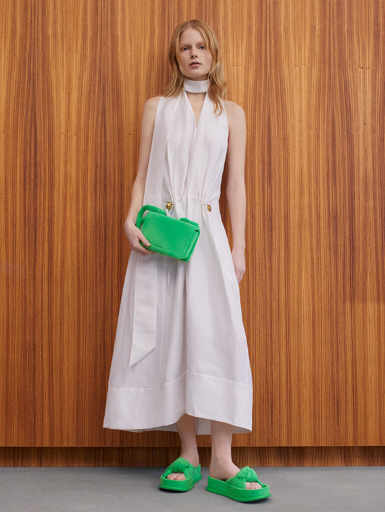 Women's Loey Textured Crossbody Bag and Loey Textured Knotted Slides, both in green - CHARLES & KEITH