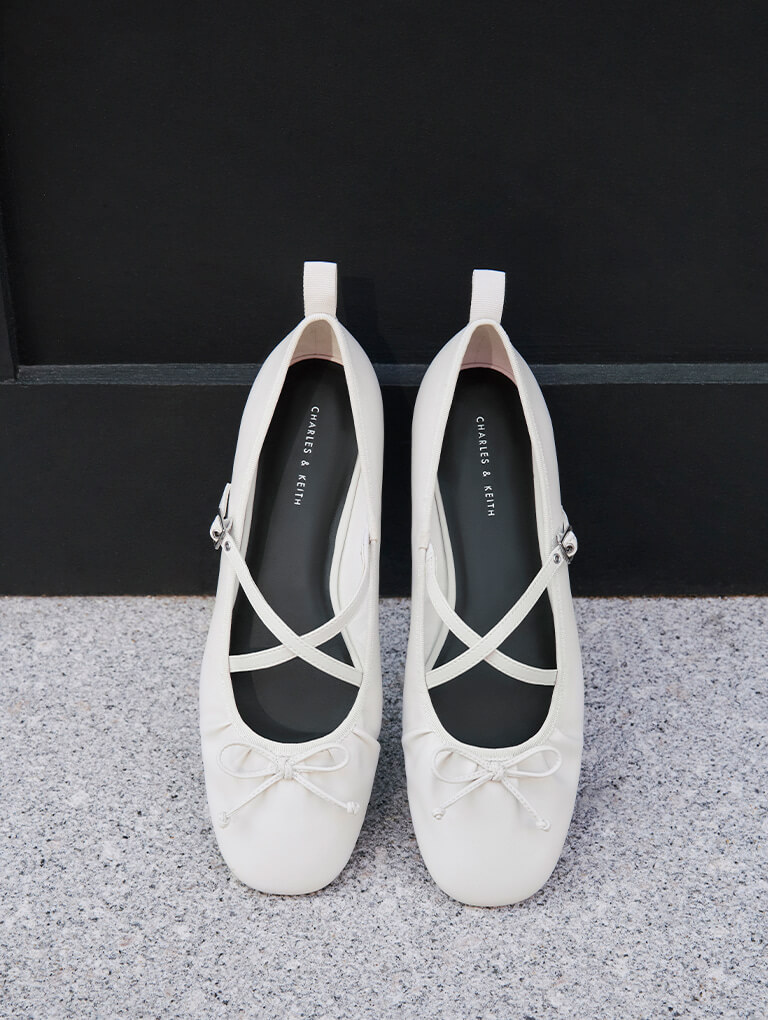 Women's buckled crossover-strap Mary Jane flats in white - CHARLES & KEITH
