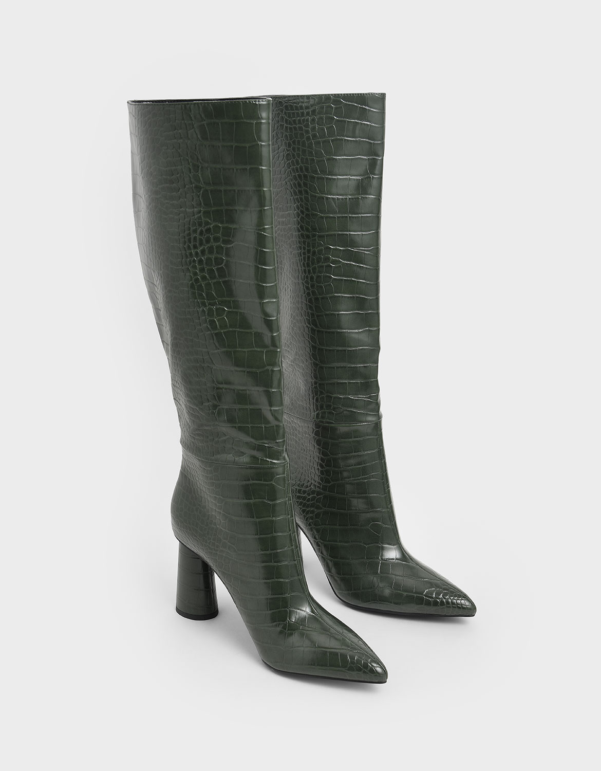 Women’s croc-effect knee high heeled boots in green