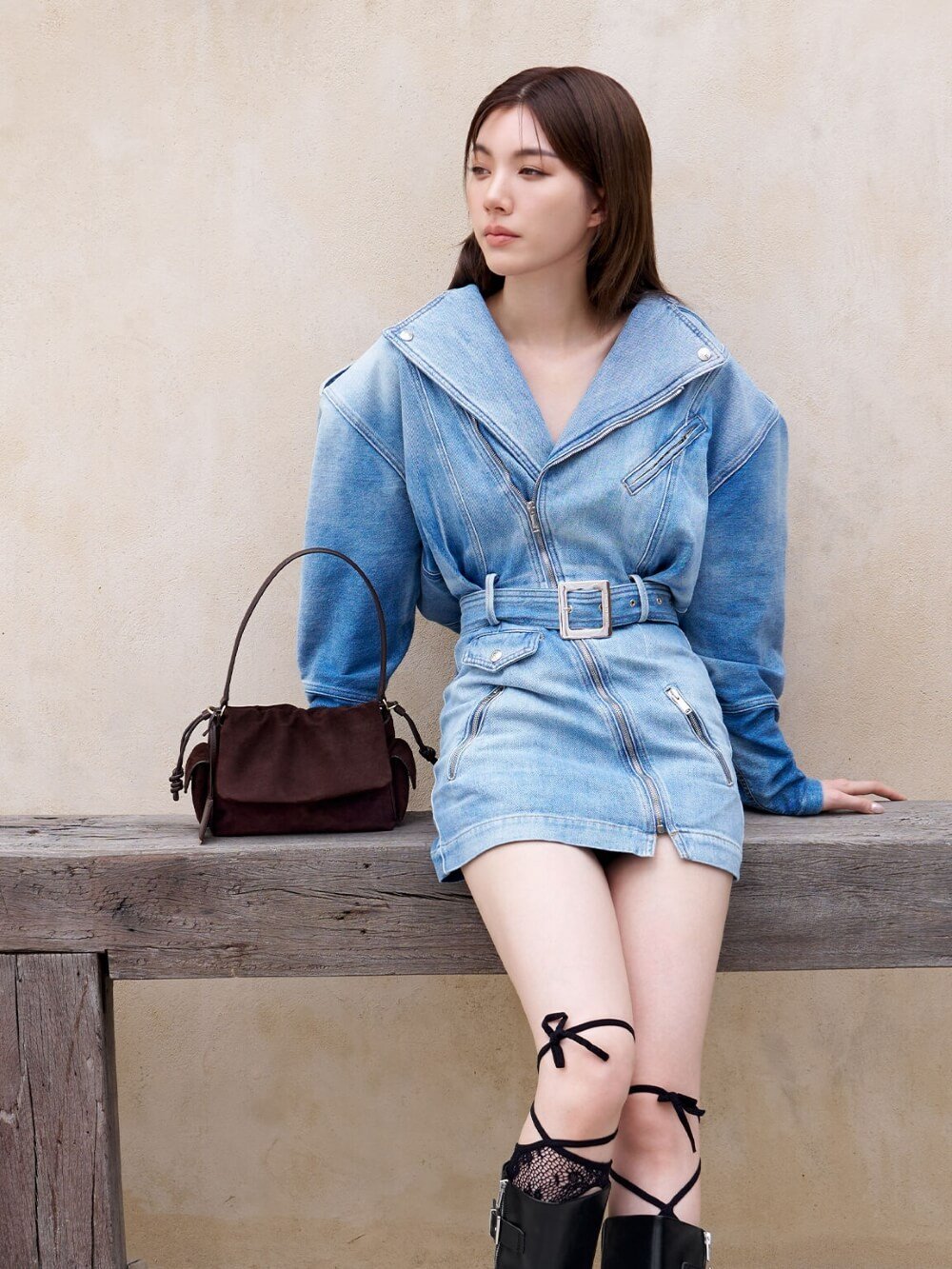 Women’s Khai recycled suede ruched-flap side-pocket top-handle bag, as seen on Orm Kornnaphat – CHARLES & KEITH