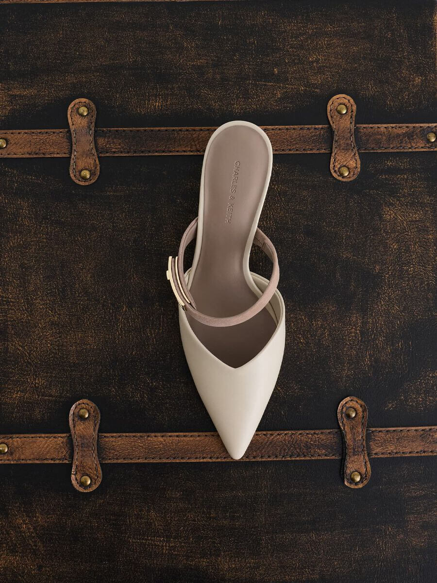 Chalk Lando Pointed-Toe Metallic-Buckle Heeled Mules - CHARLES & KEITH