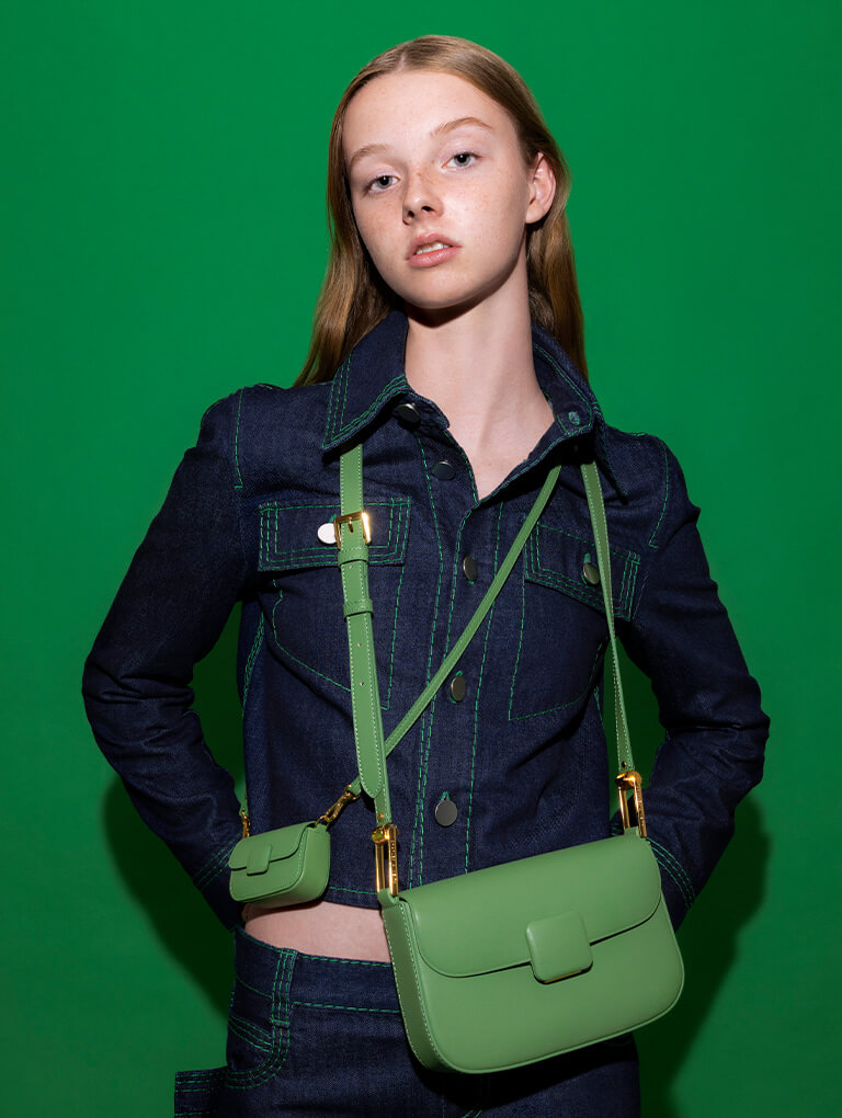 Women’s Koa square push-lock shoulder bag and mini Koa square push-lock bag in green - CHARLES & KEITH