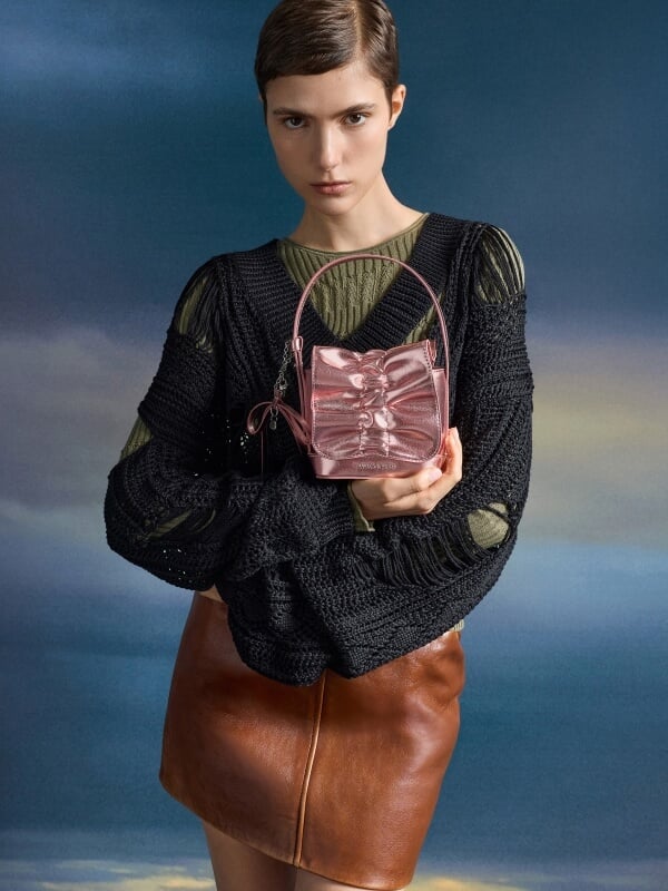 Aura Pink Kadee Metallic Bow-Charm Ruched Mini Bag - CHARLES & KEITH