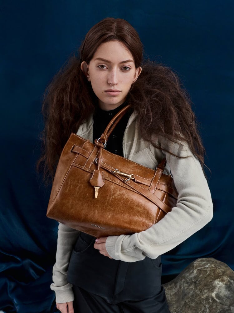 Women’s Delfina belted tote bag in distressed tan - CHARLES & KEITH