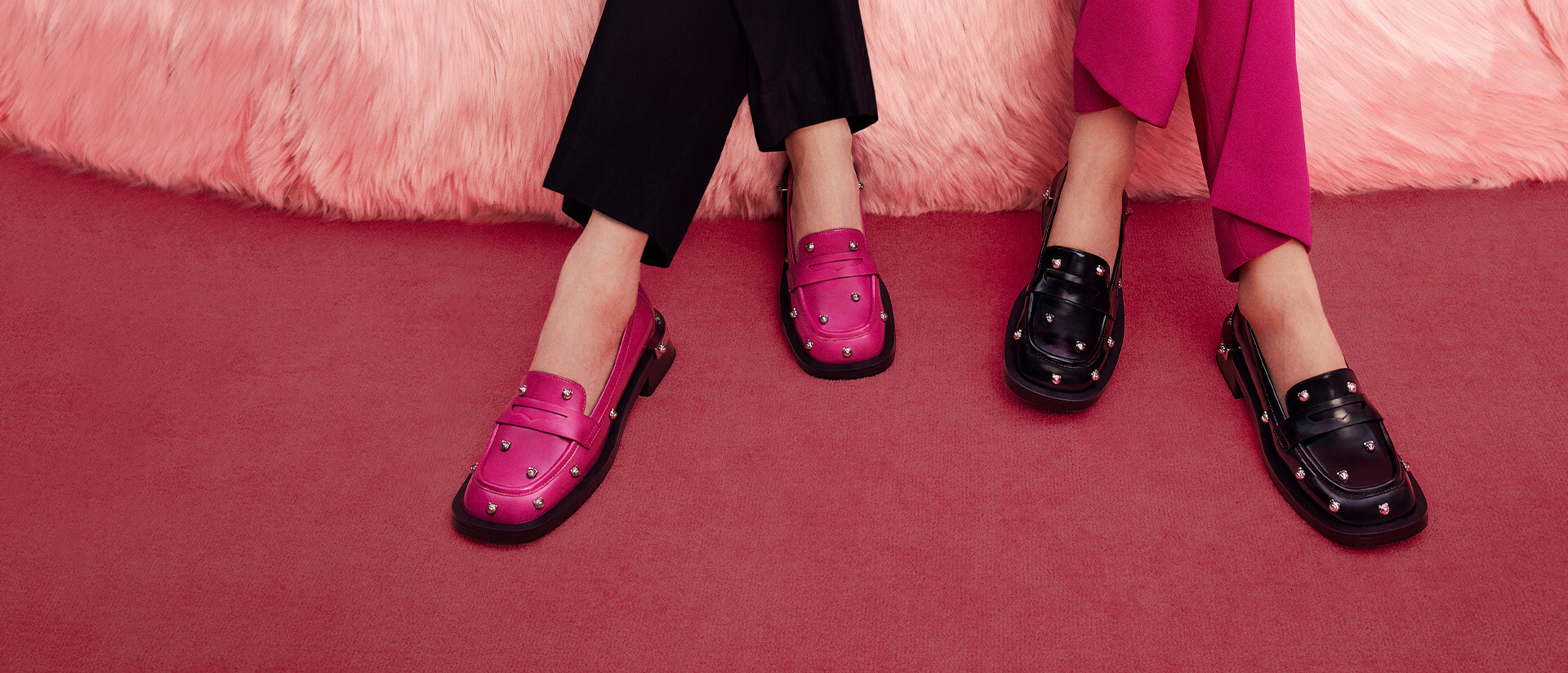 Women’s Lotso Studded Penny Loafers in fuchsia and black   - CHARLES & KEITH