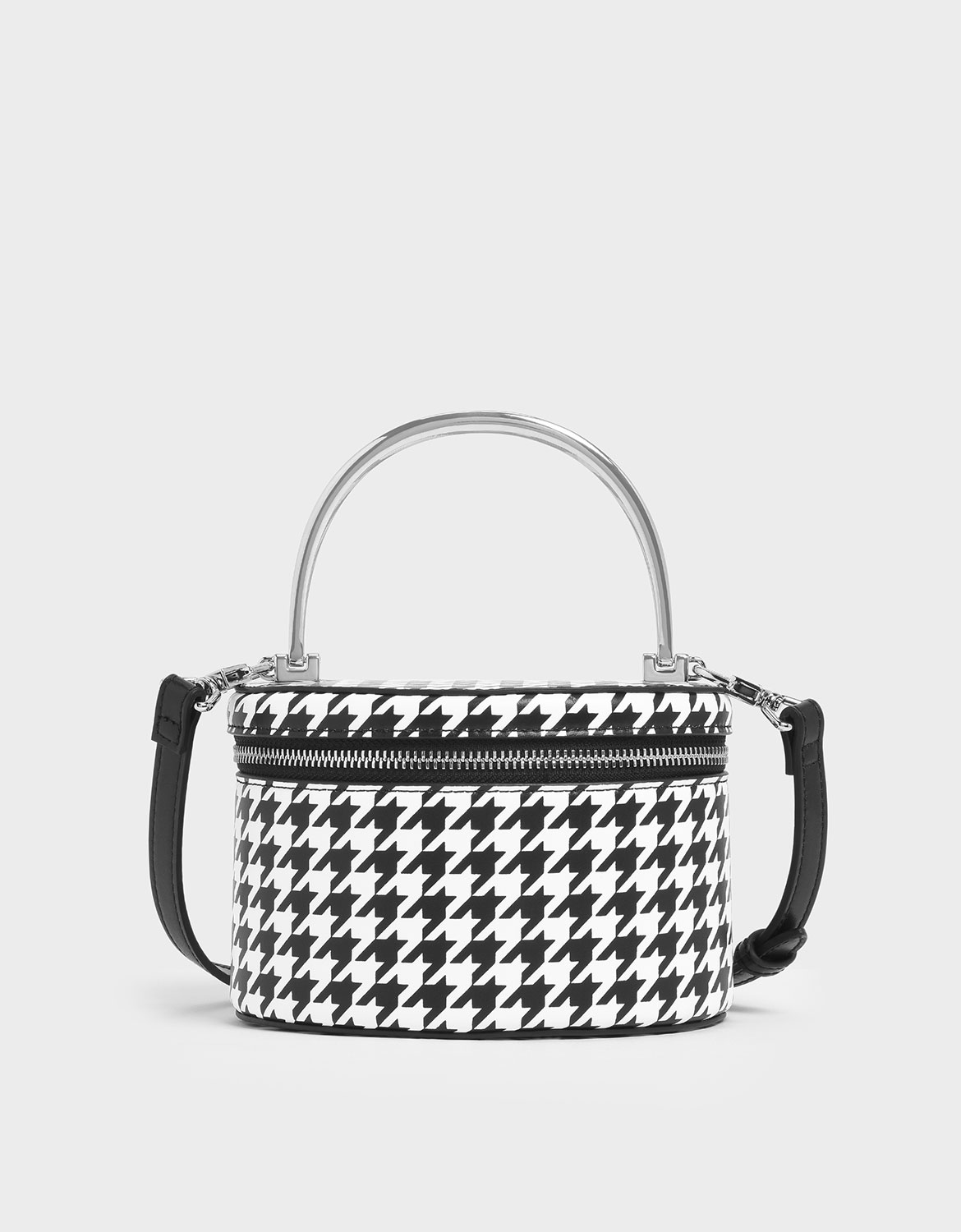 Women's Metal Top Handle Houndstooth Print Round Structured Bag - CHARLES & KEITH