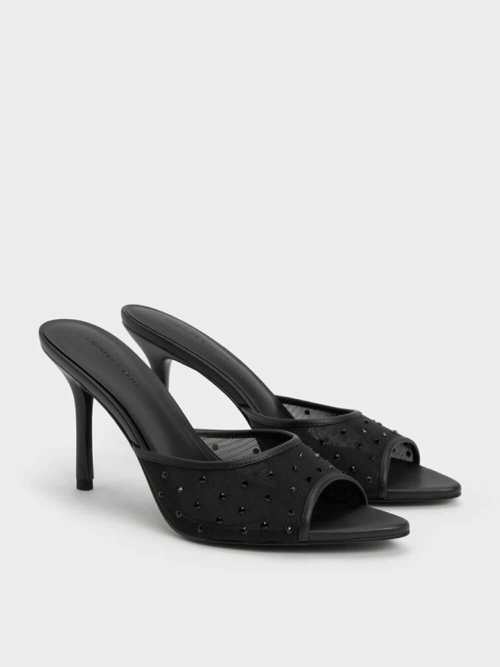 Women’s mesh crystal peep-toe heeled mules