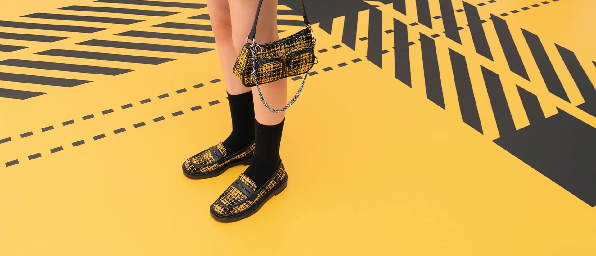 Checkered Penny Loafers in yellow and Woven Check-Print Shoulder Bag in multi - CHARLES & KEITH