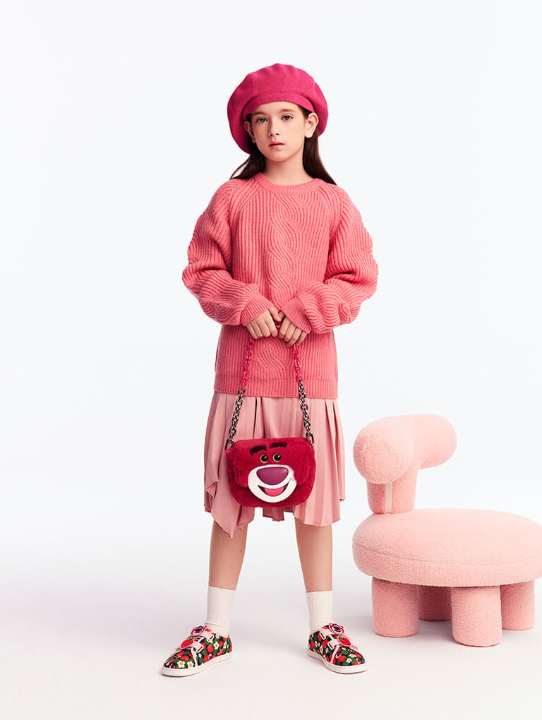 Girls' Lotso Strawberry-Print Sneakers in pink and Lotso Chain Handle Furry Bag in fuchsia  - CHARLES & KEITH