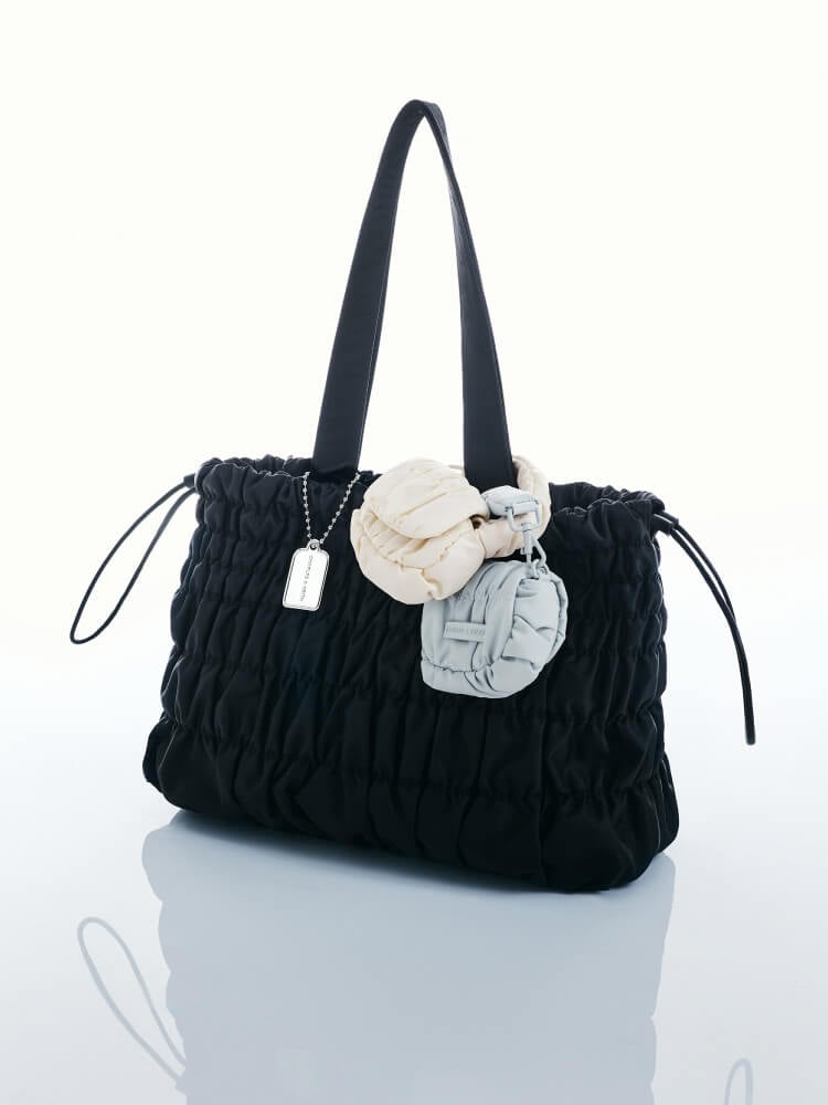 Women’s Klio nylon ruched tote bag and Klio nylon ruched micro bag charm - CHARLES & KEITH