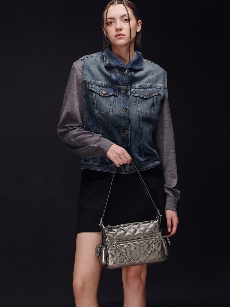 Pewter Duo Metallic Quilted Shoulder Bag - CHARLES & KEITH