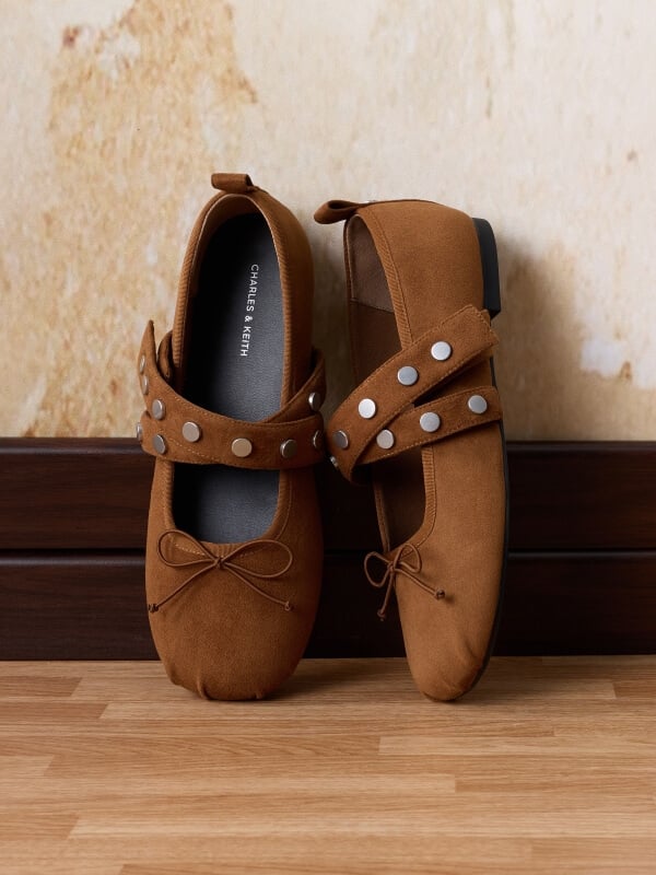 Brown Gael Faux Suede Studded Crossover-Strap Bow Mary Janes – CHARLES & KEITH TH