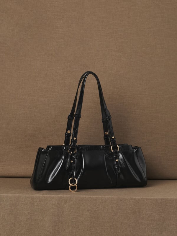 Black Britton Ruched Elongated Shoulder Bag - CHARLES & KEITH