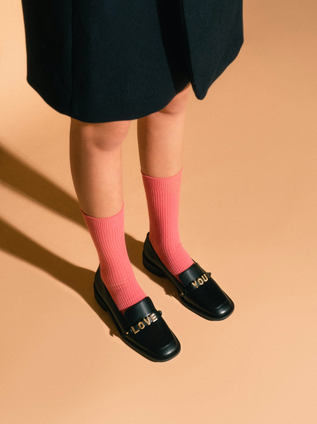 Women’s ‘Love You’ loafer flats in black with pink socks - CHARLES & KEITH