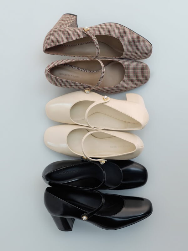 Women’s Marie pearl Mary Jane pumps in black, cream white and a checkered finish - CHARLES & KEITH