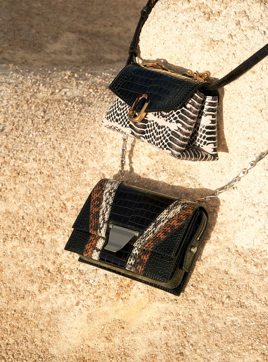 Women’s croc-effect chunky chain strap trapeze bag and animal print metal push-lock crossbody bag