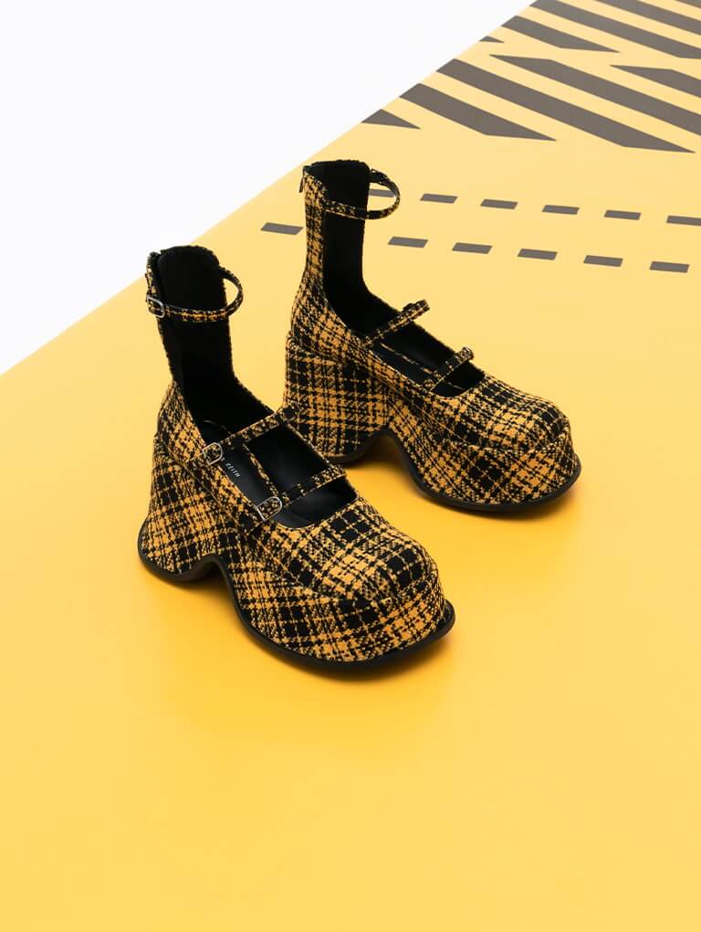 Carlisle Checkered Platform Mary Janes in yellow - CHARLES & KEITH