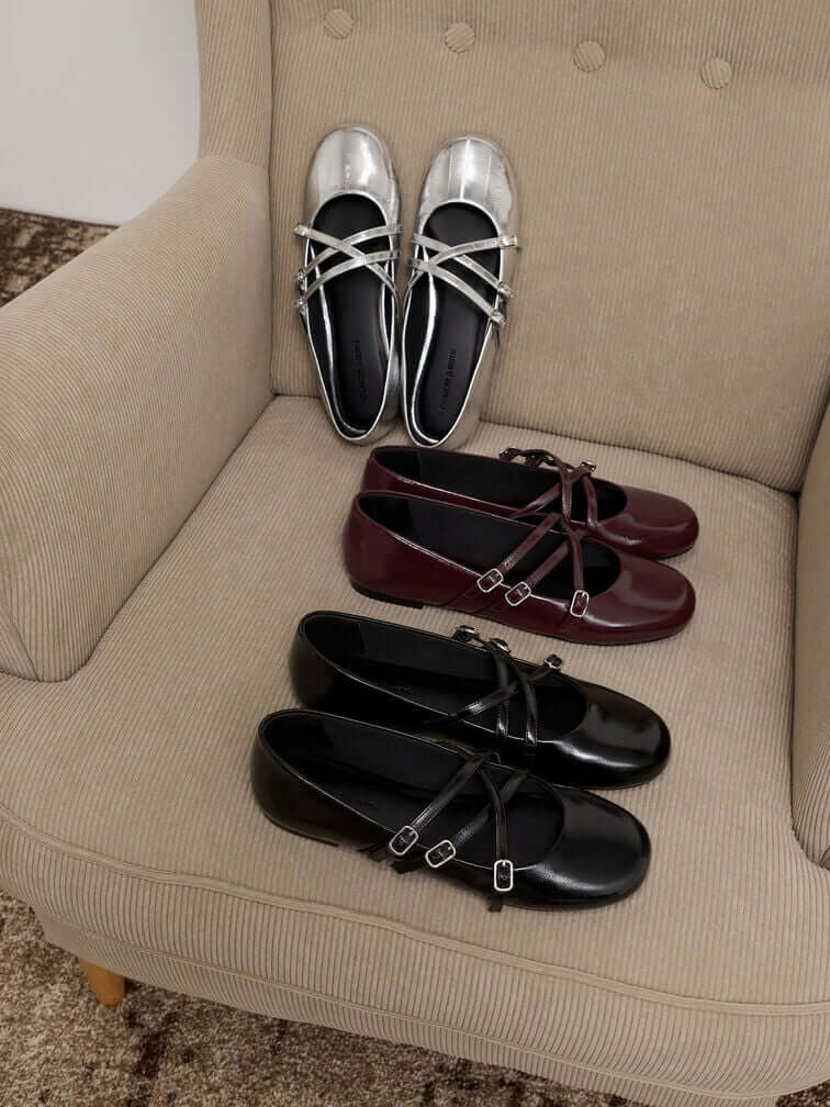 Mary Jane flats with triple straps, perfect for dressing up.