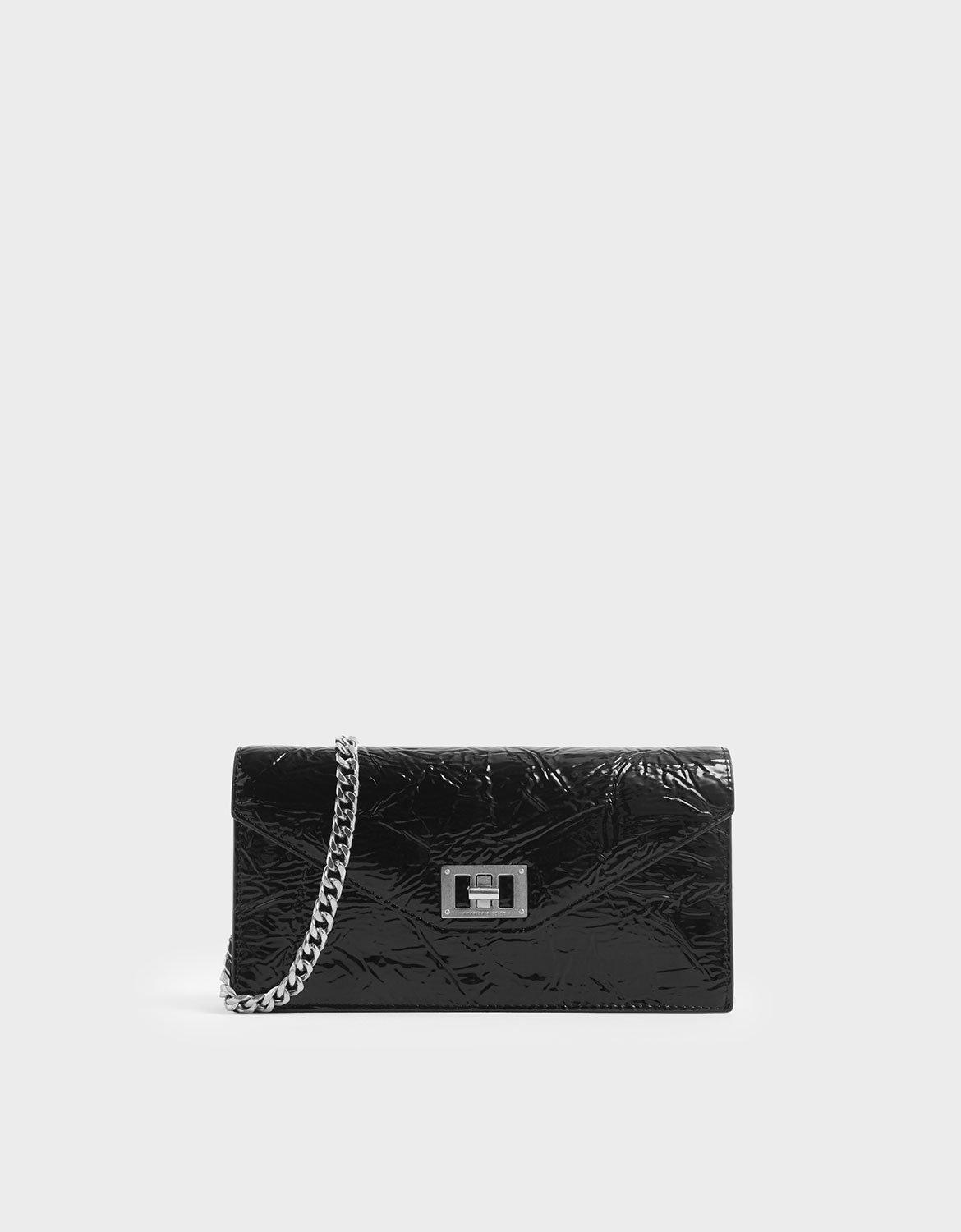 Women's Wrinkled Patent Long Envelope Wallet in black - CHARLES & KEITH