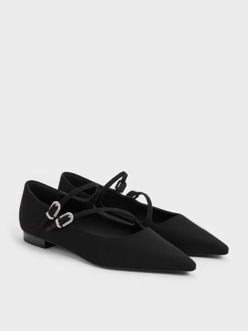 Women’s faux suede crystal-buckle double-strap Mary Janes