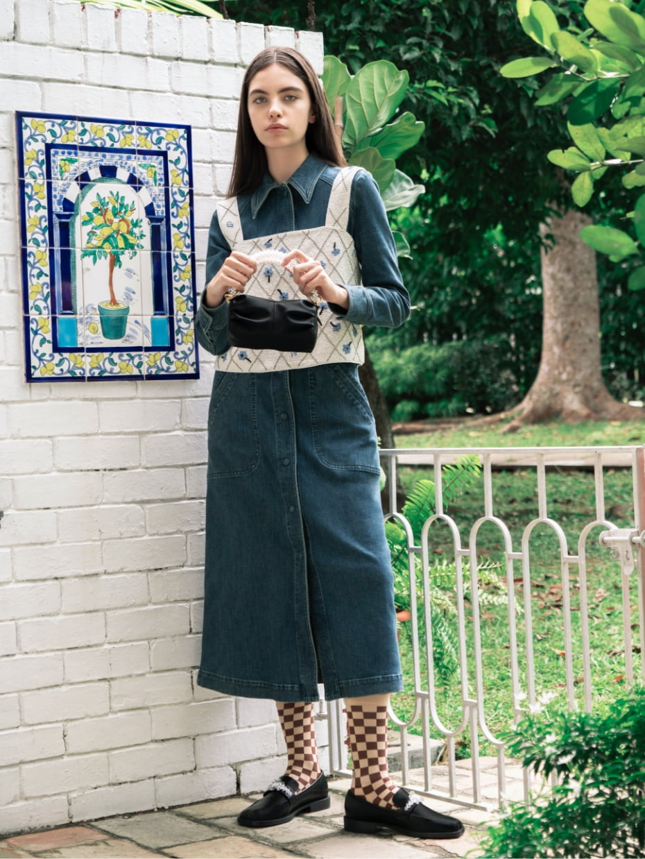 Women’s beaded handle ruched shoulder bag and bead-embellished penny loafers in black - CHARLES & KEITH