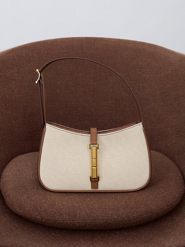 Women’s chocolate Cesia canvas metallic accent shoulder bag - CHARLES & KEITH