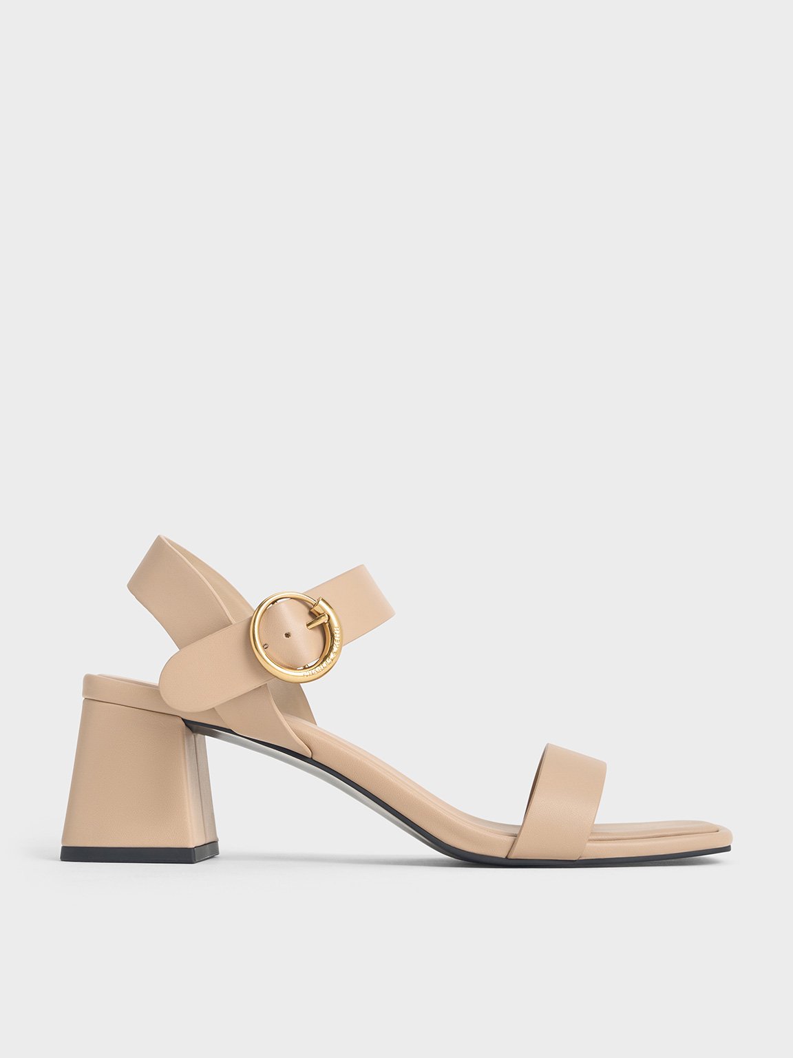 รองเท้าแตะ Nude Buckled Square-Toe Trapeze-Heel Sandals