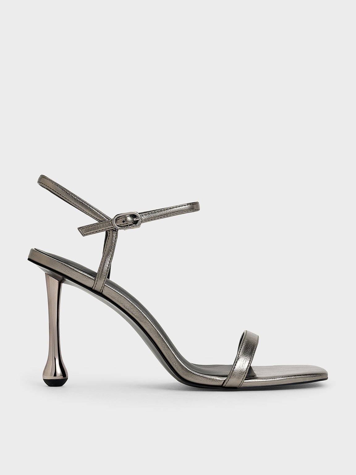 Metallic Sculptural-Heel Ankle-Strap Sandals - Pewter - CHARLES & KEITH TH