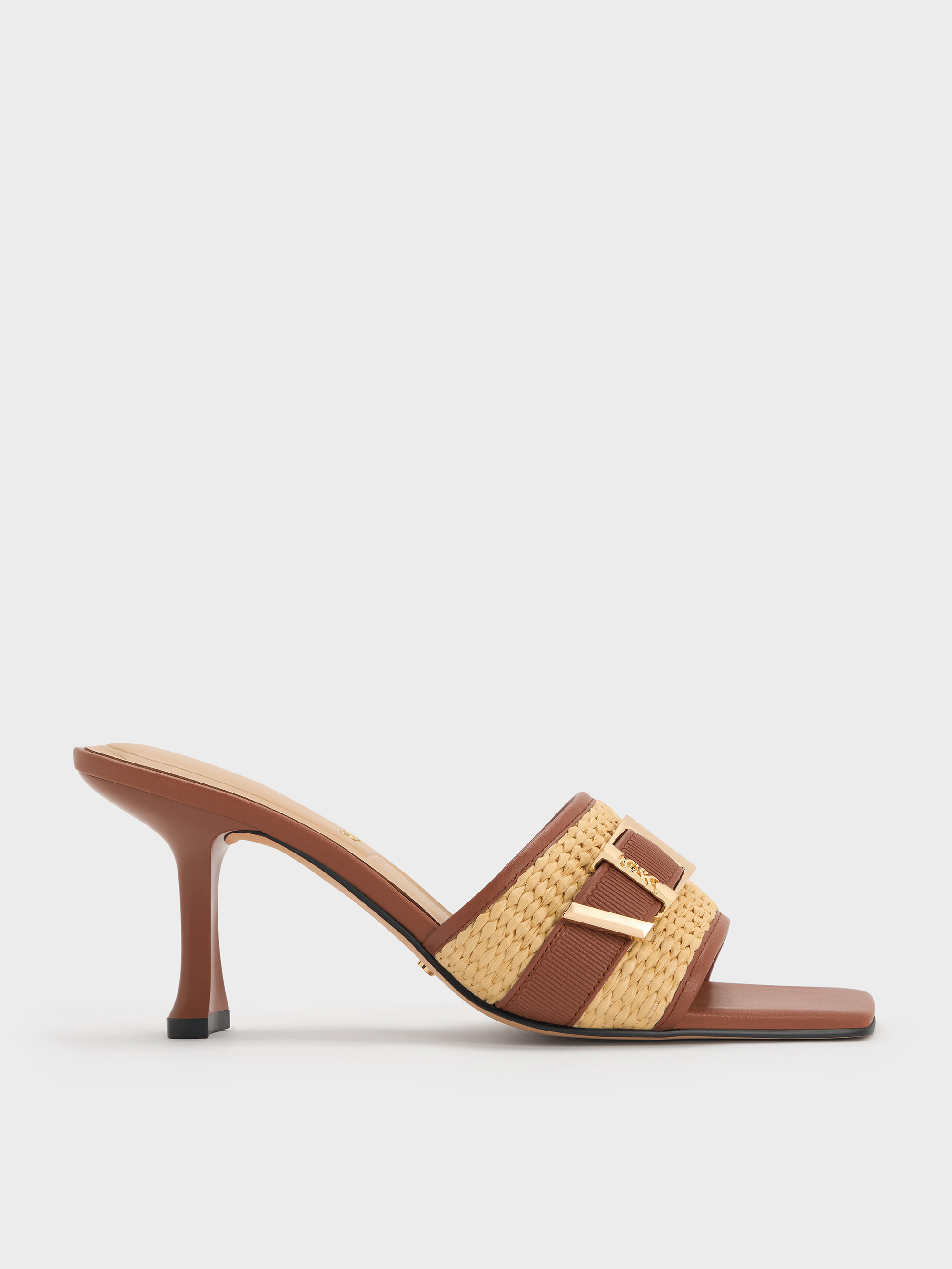 รองเท้าเปิดส้น Brown Whitney Leather & Raffia Buckled Heeled ...