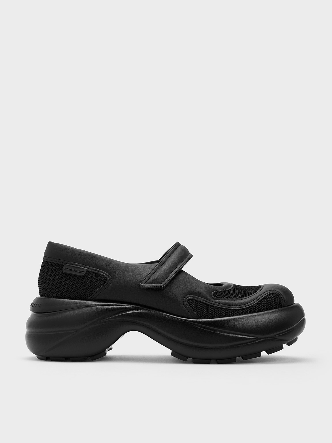 Black Textured Mesh Curved Platform Mary Jane Sneakers CHARLES KEITH