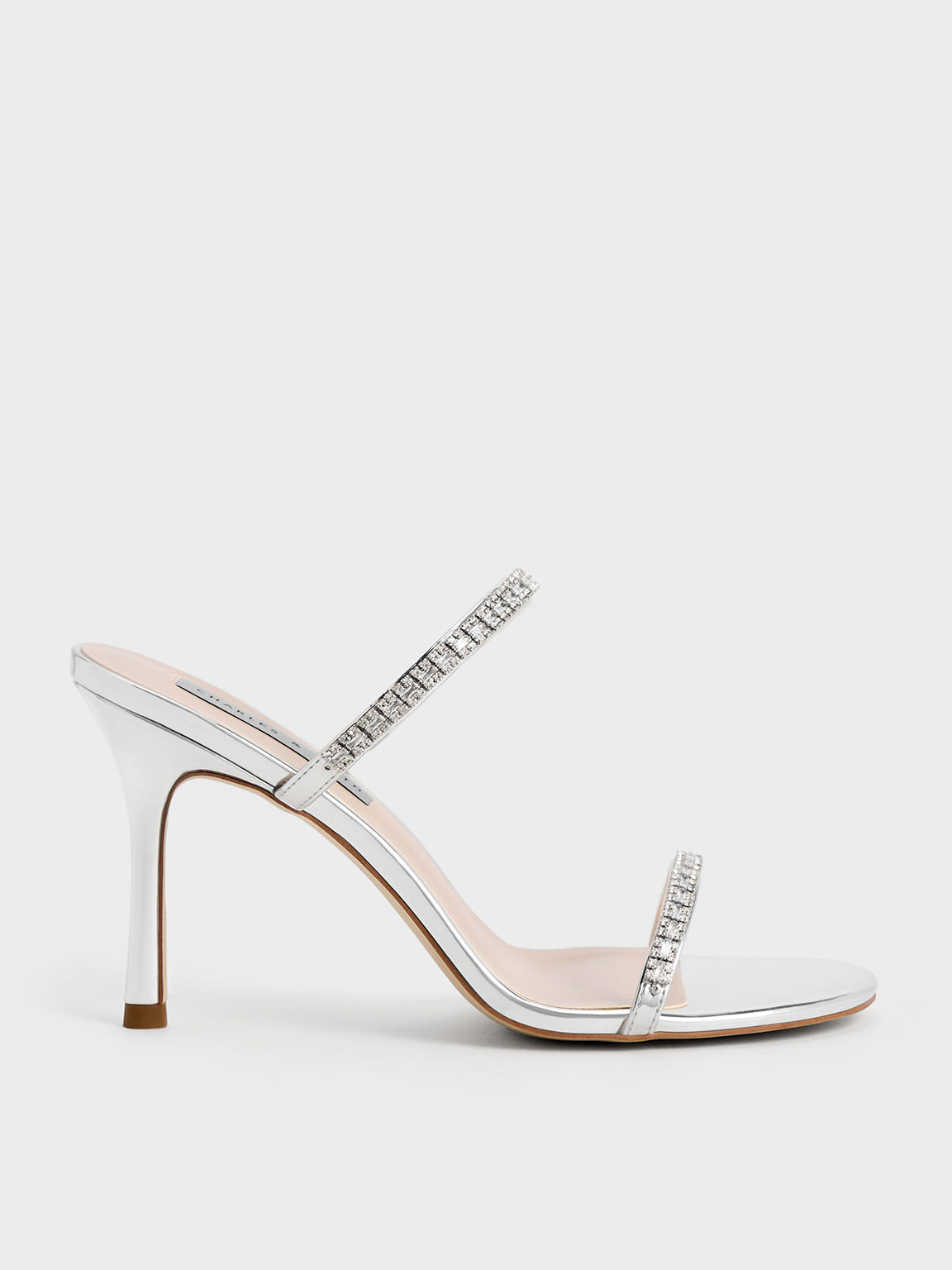 Silver Ambrosia Metallic Gem-Embellished Heeled Mules Silver Ambrosia Metallic Gem-Embellished Heeled Mules