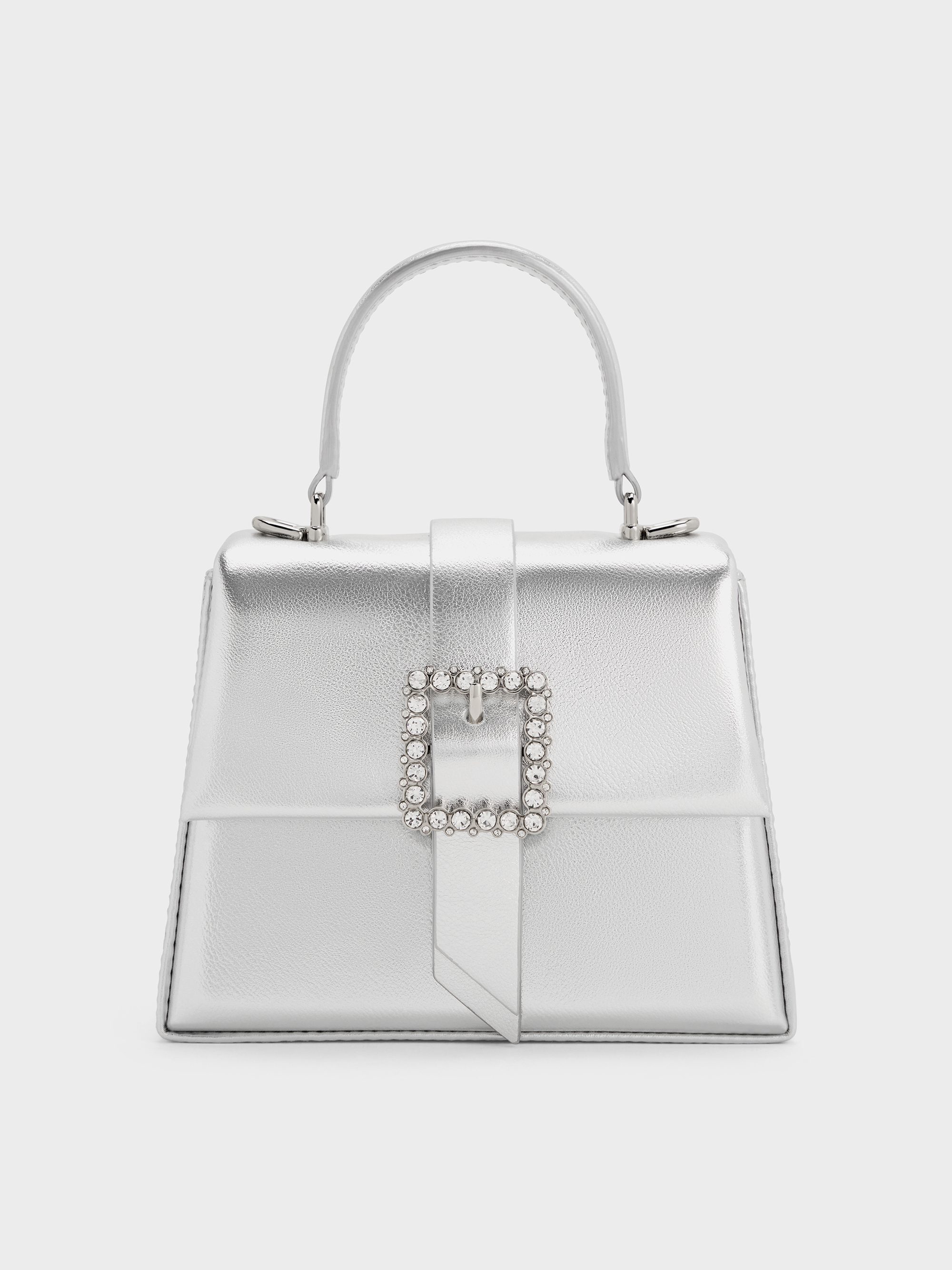 Metallic Crystal-Buckle Belted Top Handle Bag - Silver - CHARLES 