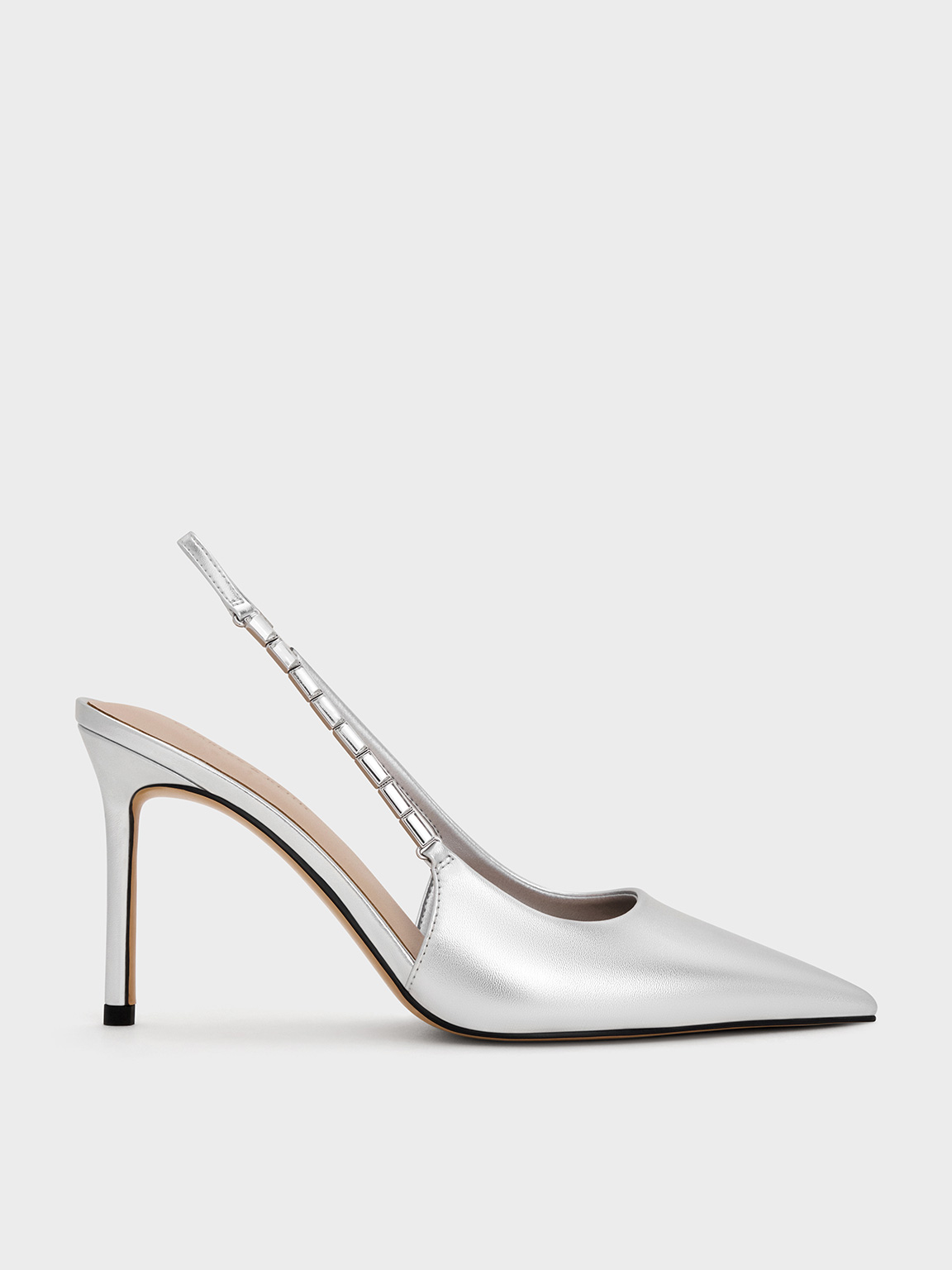 Silver Metallic Embellished-Strap Pointed-Toe Slingback Pumps