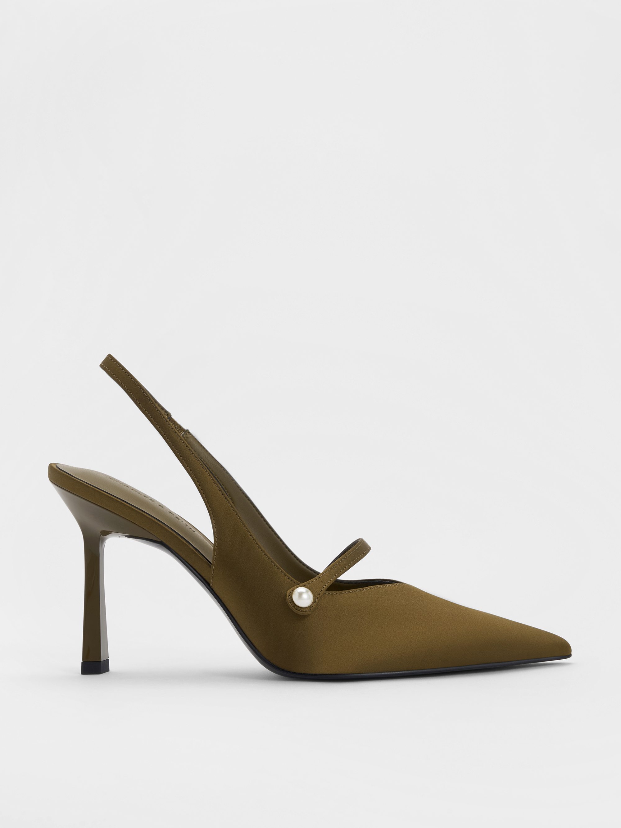 Olive Helena Satin Pearl-Buckle Pointed-Toe Slingback Pumps